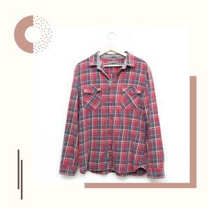 LADRFT Red Plaid Long Sleeves Shirt W/ Van Gogh Sunflower in Back